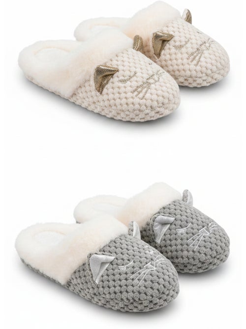Pack 2 pares de mulas mujer motivo gato forro pelo sintético OZABI - Kiabi Pack 2 pares de mulas mujer motivo gato forro pelo sintético OZABI - Kiabi