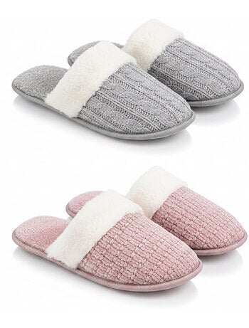 Pack 2 Pares Mulas Mujer Tricot Trenzado Borde Pelo Sintético OZABI