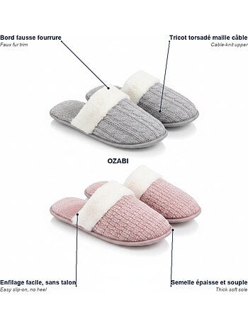 Pack 2 Pares Mulas Mujer Tricot Trenzado Borde Pelo Sintético OZABI