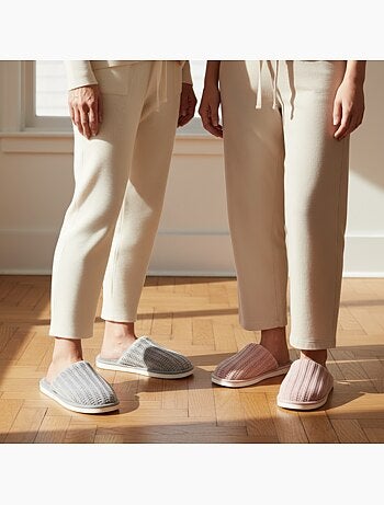 Pack 2 Pares Mules Mujer Tricot Acanalado Suela Plana Gruesa OZABI