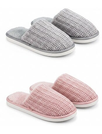 Pack 2 Pares Mules Mujer Tricot Acanalado Suela Plana Gruesa OZABI