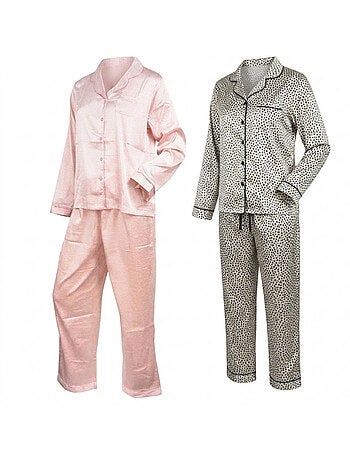 Pack 2 Pijamas Mujer Largos Satinados Estampados, Cuello Camisa OZABI