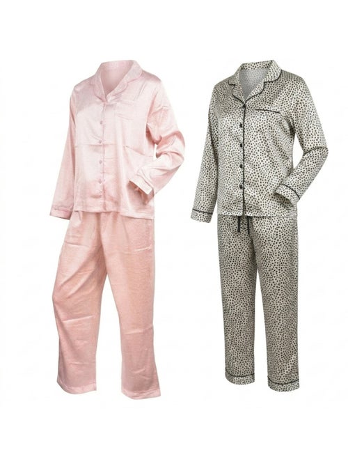 Pack 2 Pijamas Mujer Largos Satinados Estampados, Cuello Camisa OZABI - Kiabi Pack 2 Pijamas Mujer Largos Satinados Estampados, Cuello Camisa OZABI - Kiabi