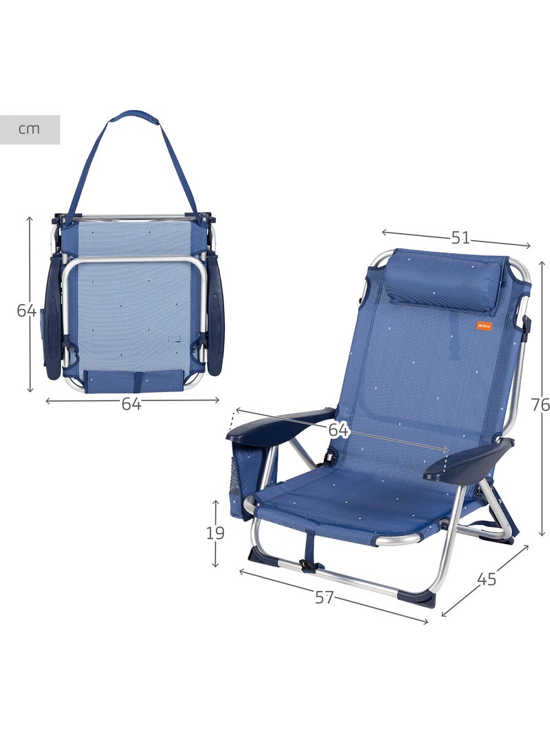 Pack 2 sillas playa bajas 4 posiciones 51x45x76 cm con cojín y bolsillo aktive Azul marino - Kiabi