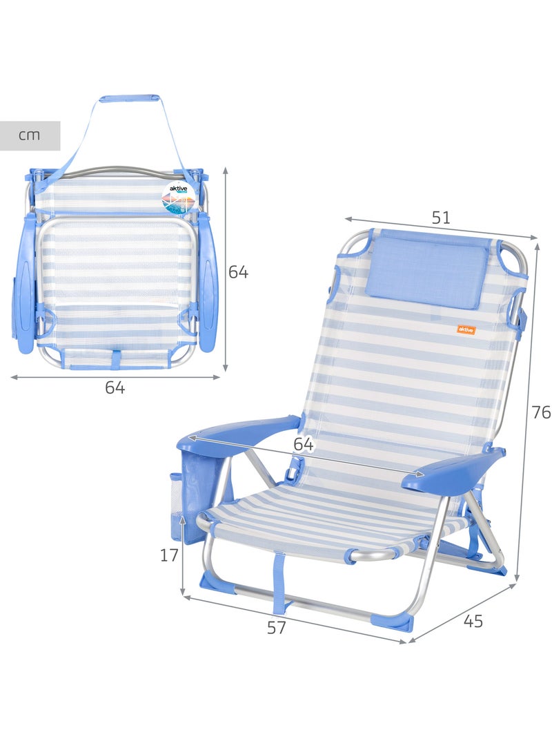 Pack 2 sillas playa bajo multiposición 51x45x76 cm con bolsillos aktive Azul Blanco - Kiabi