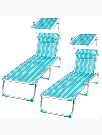 Pack 2 tumbonas playa multiposición 186x49x30 cm turquesa a rayas con parasol y cojín