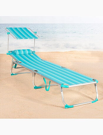 Pack 2 tumbonas playa multiposición 186x49x30 cm turquesa a rayas con parasol y cojín