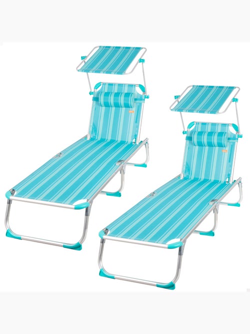 Pack 2 tumbonas playa multiposición 186x49x30 cm turquesa a rayas con parasol y cojín - Kiabi