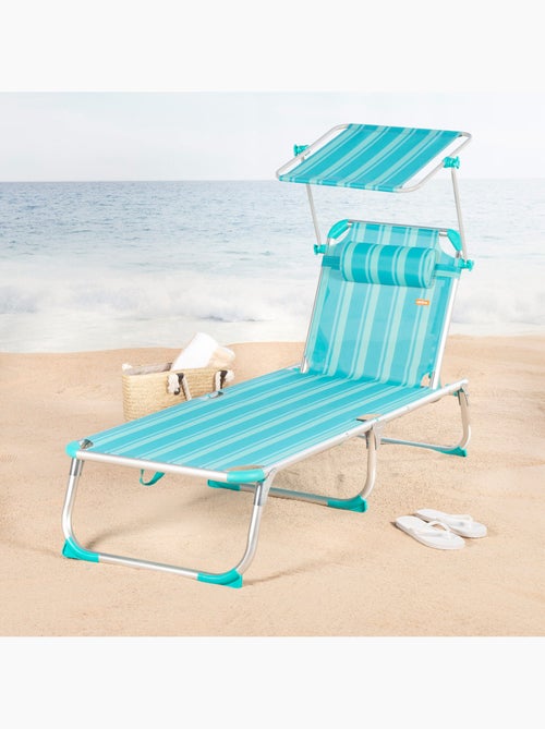 Pack 2 tumbonas playa multiposición 186x49x30 cm turquesa a rayas con parasol y cojín - Kiabi