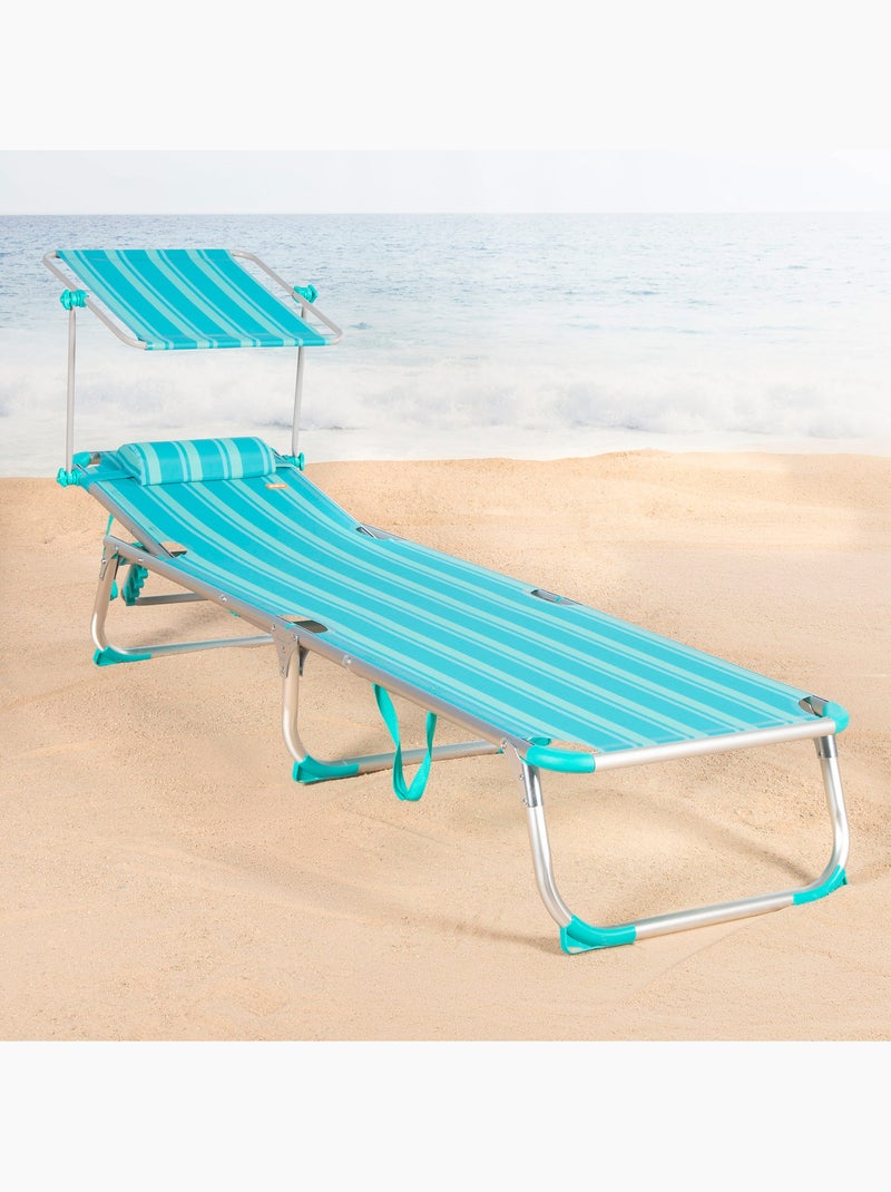 Pack 2 tumbonas playa multiposición 186x49x30 cm turquesa a rayas con parasol y cojín Turquesa - Kiabi