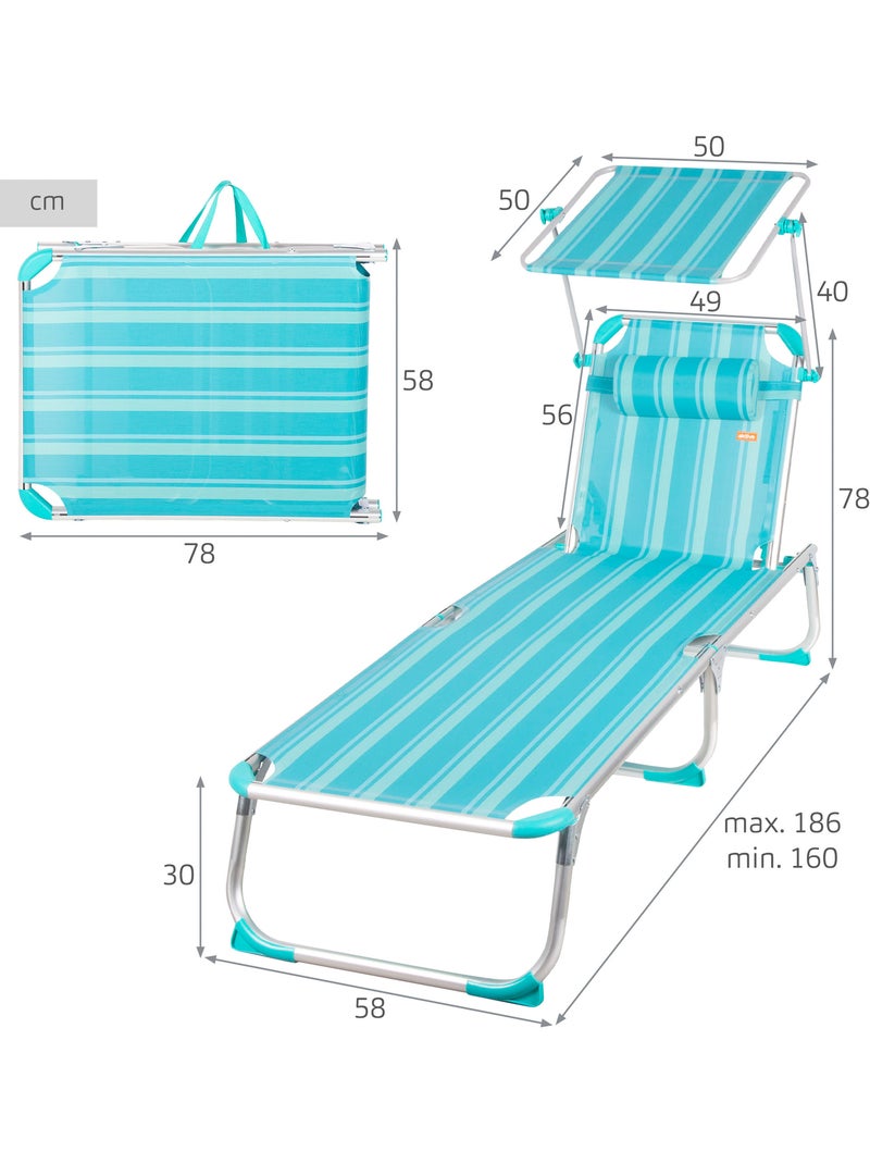 Pack 2 tumbonas playa multiposición 186x49x30 cm turquesa a rayas con parasol y cojín Turquesa - Kiabi