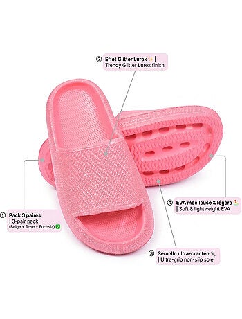 Pack 3 Chanclas Niña Brillo Lentejuelas - Beige Rosa Fucsia OZABI