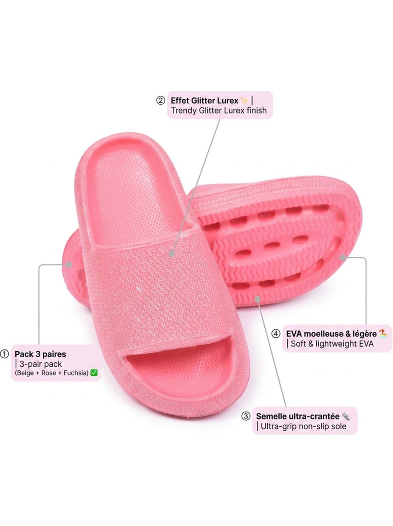 Pack 3 Chanclas Niña Brillo Lentejuelas - Beige Rosa Fucsia OZABI Rosa - Kiabi