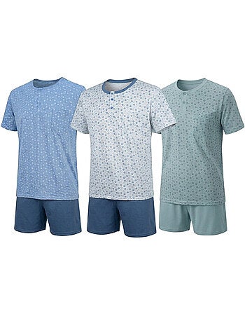 Pack 3 Pijamas Cortos Hombre Algodón Mayoritario, Cuello Botón OZABI
