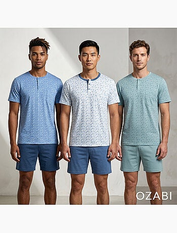 Pack 3 Pijamas Cortos Hombre Algodón Mayoritario, Cuello Botón OZABI