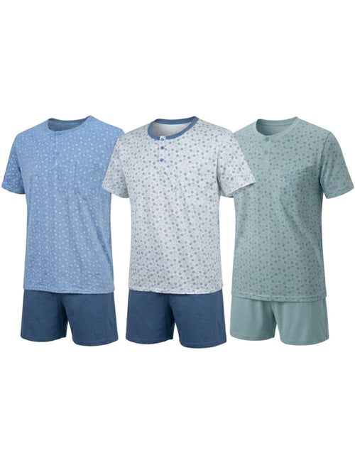 Pack 3 Pijamas Cortos Hombre Algodón Mayoritario, Cuello Botón OZABI - Kiabi Pack 3 Pijamas Cortos Hombre Algodón Mayoritario, Cuello Botón OZABI - Kiabi