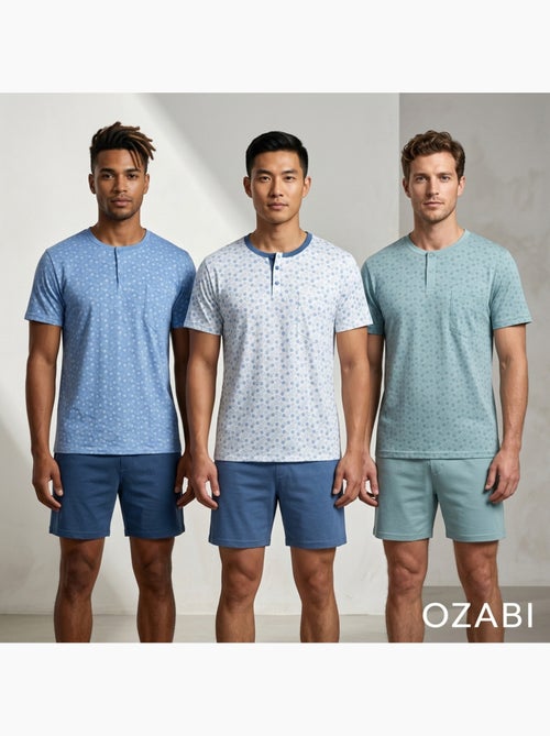 Pack 3 Pijamas Cortos Hombre Algodón Mayoritario, Cuello Botón OZABI - Kiabi Pack 3 Pijamas Cortos Hombre Algodón Mayoritario, Cuello Botón OZABI - Kiabi