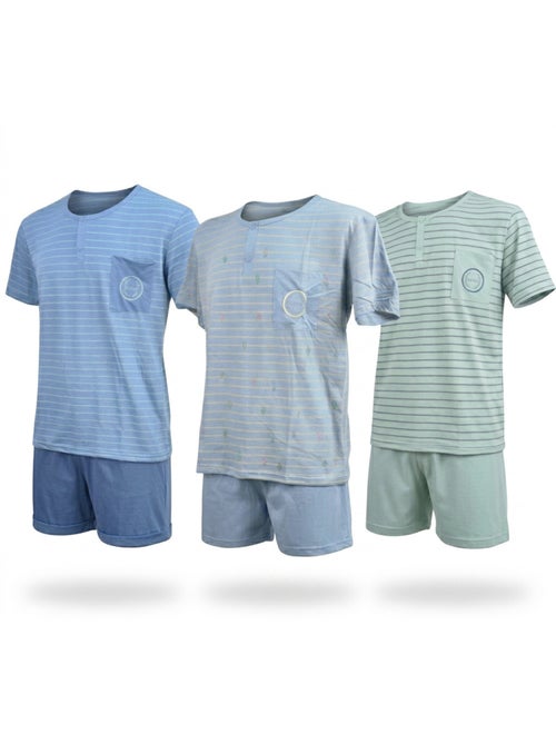Pack 3 Pijamas Cortos Hombre Algodón Mayoritario, Cuello Botón OZABI - Kiabi Pack 3 Pijamas Cortos Hombre Algodón Mayoritario, Cuello Botón OZABI - Kiabi