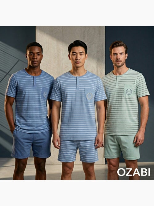 Pack 3 Pijamas Cortos Hombre Algodón Mayoritario, Cuello Botón OZABI - Kiabi Pack 3 Pijamas Cortos Hombre Algodón Mayoritario, Cuello Botón OZABI - Kiabi