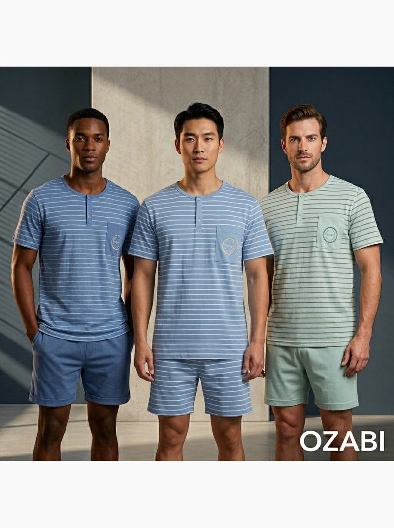 Pack 3 Pijamas Cortos Hombre Algodón Mayoritario, Cuello Botón OZABI Azul Verde - Kiabi