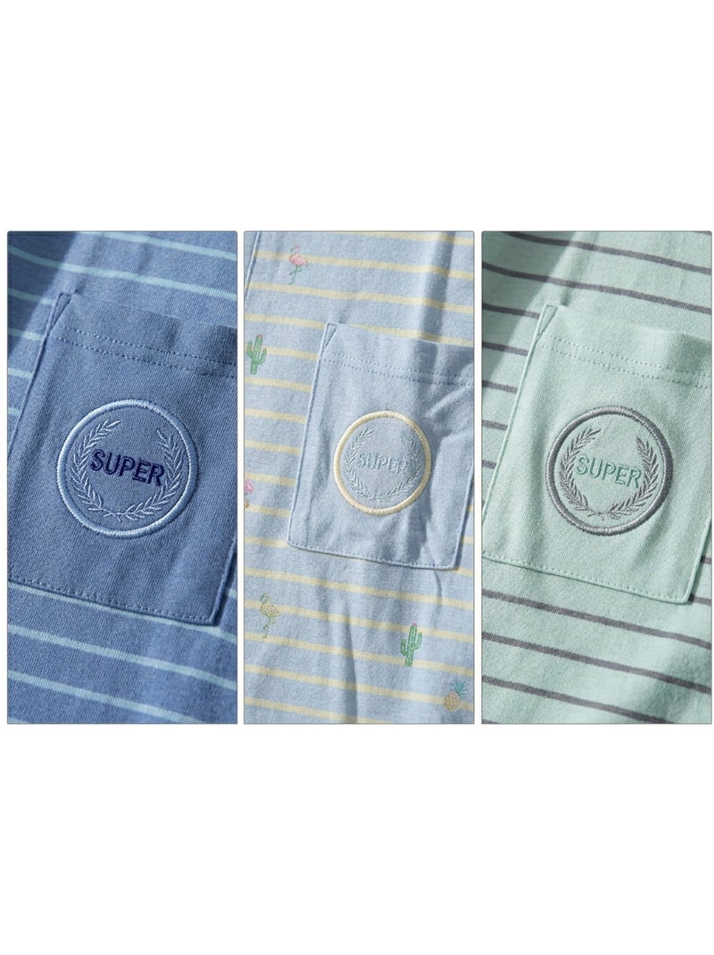 Pack 3 Pijamas Cortos Hombre Algodón Mayoritario, Cuello Botón OZABI Azul Verde - Kiabi