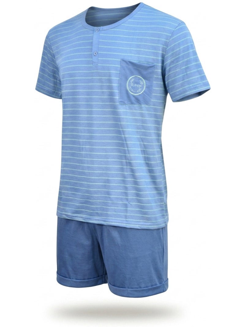 Pack 3 Pijamas Cortos Hombre Algodón Mayoritario, Cuello Botón OZABI Azul Verde - Kiabi