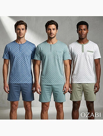 Pack 3 Pijamas Cortos Hombre Algodón Mayoritario, Cuello Botón OZABI