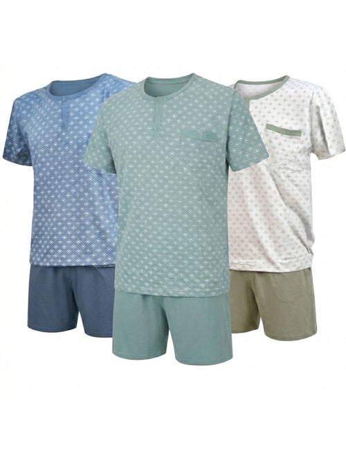 Pack 3 Pijamas Cortos Hombre Algodón Mayoritario, Cuello Botón OZABI - Kiabi Pack 3 Pijamas Cortos Hombre Algodón Mayoritario, Cuello Botón OZABI - Kiabi