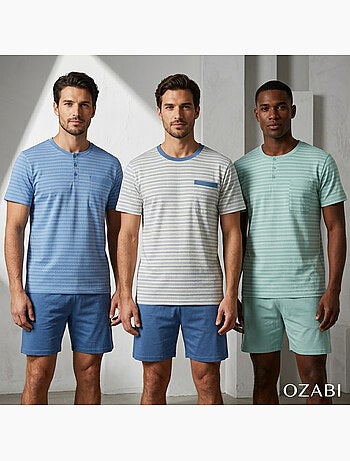 Pack 3 Pijamas Cortos Hombre Algodón Mayoritario, Cuello Botón OZABI