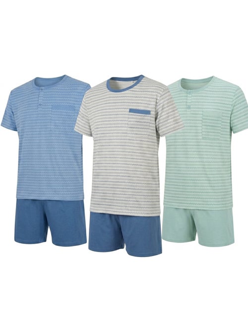 Pack 3 Pijamas Cortos Hombre Algodón Mayoritario, Cuello Botón OZABI - Kiabi Pack 3 Pijamas Cortos Hombre Algodón Mayoritario, Cuello Botón OZABI - Kiabi