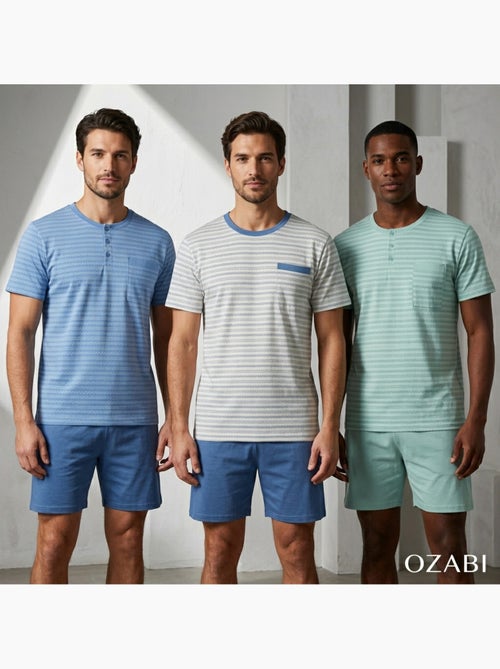 Pack 3 Pijamas Cortos Hombre Algodón Mayoritario, Cuello Botón OZABI - Kiabi Pack 3 Pijamas Cortos Hombre Algodón Mayoritario, Cuello Botón OZABI - Kiabi