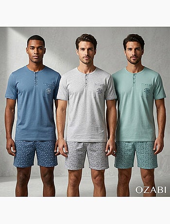 Pack 3 Pijamas Cortos Hombre Algodón Mayoritario, Cuello Botón OZABI