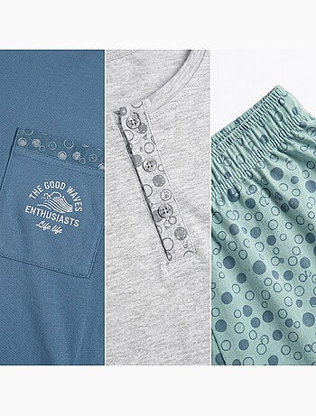 Pack 3 Pijamas Cortos Hombre Algodón Mayoritario, Cuello Botón OZABI