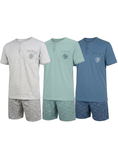Pack 3 Pijamas Cortos Hombre Algodón Mayoritario, Cuello Botón OZABI - Kiabi Pack 3 Pijamas Cortos Hombre Algodón Mayoritario, Cuello Botón OZABI - Kiabi
