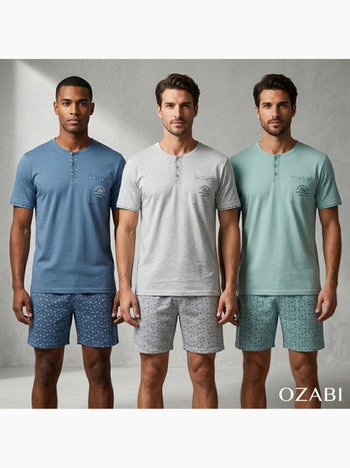 Pack 3 Pijamas Cortos Hombre Algodón Mayoritario, Cuello Botón OZABI - Kiabi Pack 3 Pijamas Cortos Hombre Algodón Mayoritario, Cuello Botón OZABI - Kiabi