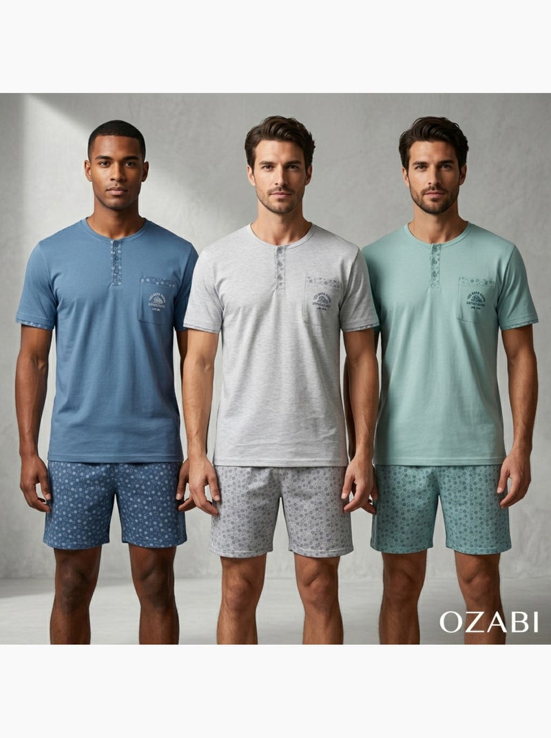 Pack 3 Pijamas Cortos Hombre Algodón Mayoritario, Cuello Botón OZABI Gris verde - Kiabi