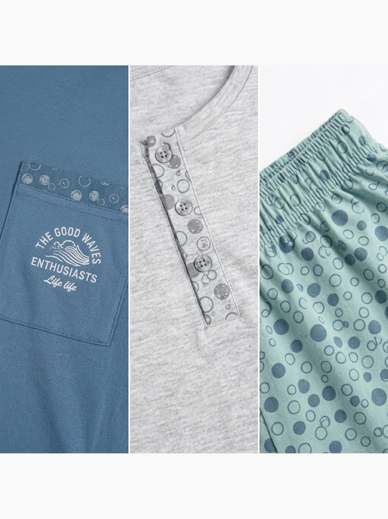 Pack 3 Pijamas Cortos Hombre Algodón Mayoritario, Cuello Botón OZABI Gris verde - Kiabi