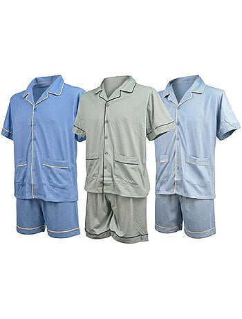 Pack 3 Pijamas Cortos Hombre Algodón Mayoritario, Cuello Camisa Botón