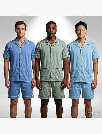 Pack 3 Pijamas Cortos Hombre Algodón Mayoritario, Cuello Camisa Botón