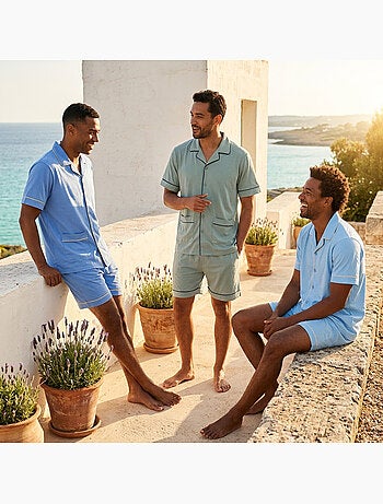 Pack 3 Pijamas Cortos Hombre Algodón Mayoritario, Cuello Camisa Botón