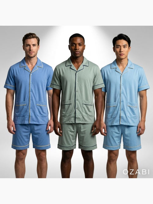 Pack 3 Pijamas Cortos Hombre Algodón Mayoritario, Cuello Camisa Botón - Kiabi Pack 3 Pijamas Cortos Hombre Algodón Mayoritario, Cuello Camisa Botón - Kiabi