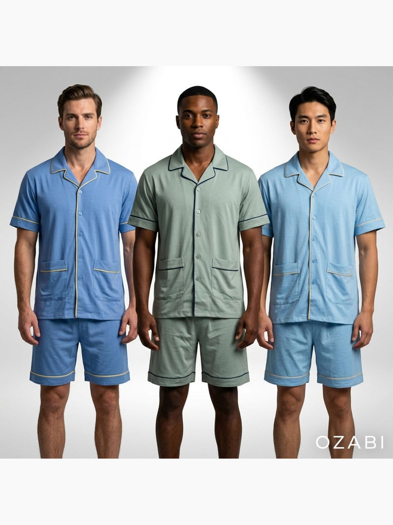 Pack 3 Pijamas Cortos Hombre Algodón Mayoritario, Cuello Camisa Botón Azul gris - Kiabi