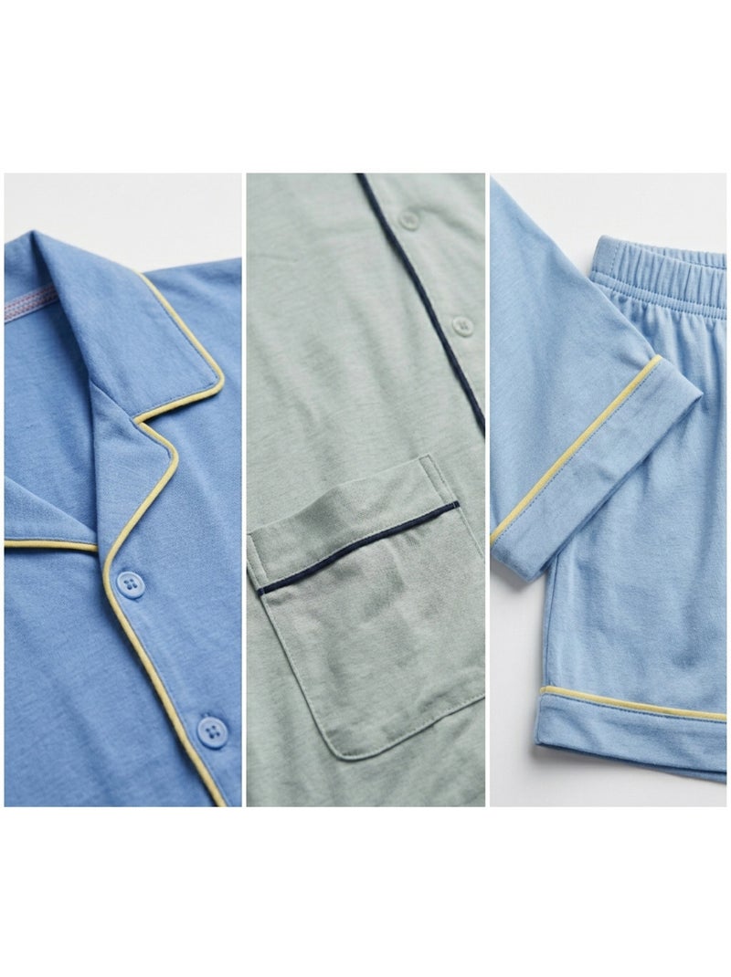 Pack 3 Pijamas Cortos Hombre Algodón Mayoritario, Cuello Camisa Botón Azul gris - Kiabi