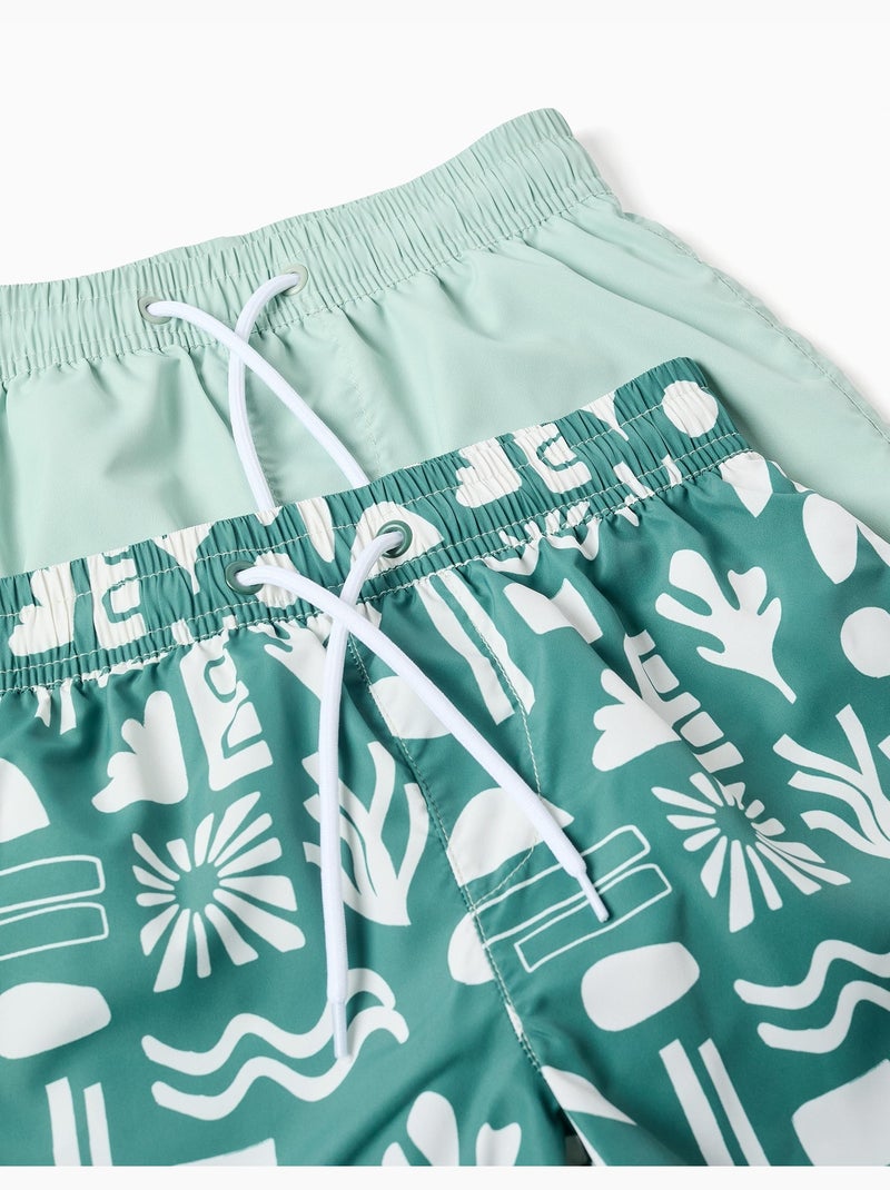 Pack de 2 bañadores lisos/estampados con cordón Verde oscuro - Kiabi