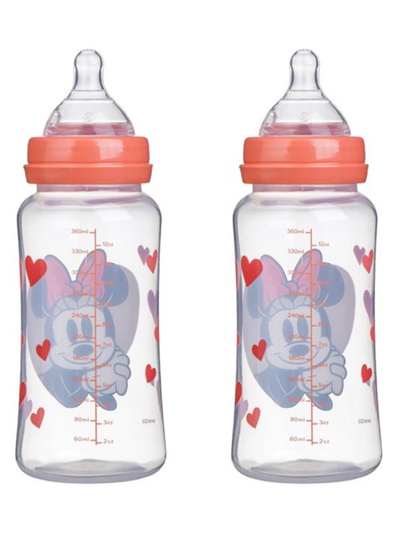 Pack de 2 biberones Disney Baby Minnie 360 ml, caudal de 3 posiciones, anti-colic Blanco Rosa Negro - Kiabi