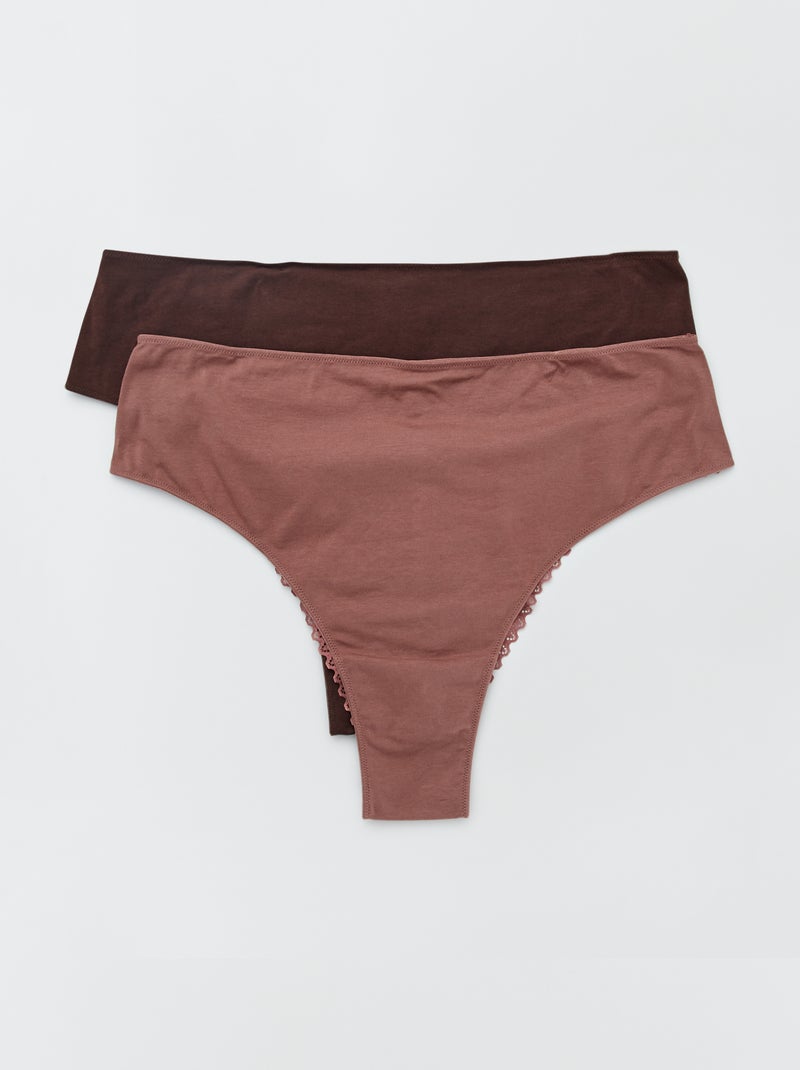 Pack de 2 braguitas brasileñas de punto y encaje MARRON - Kiabi
