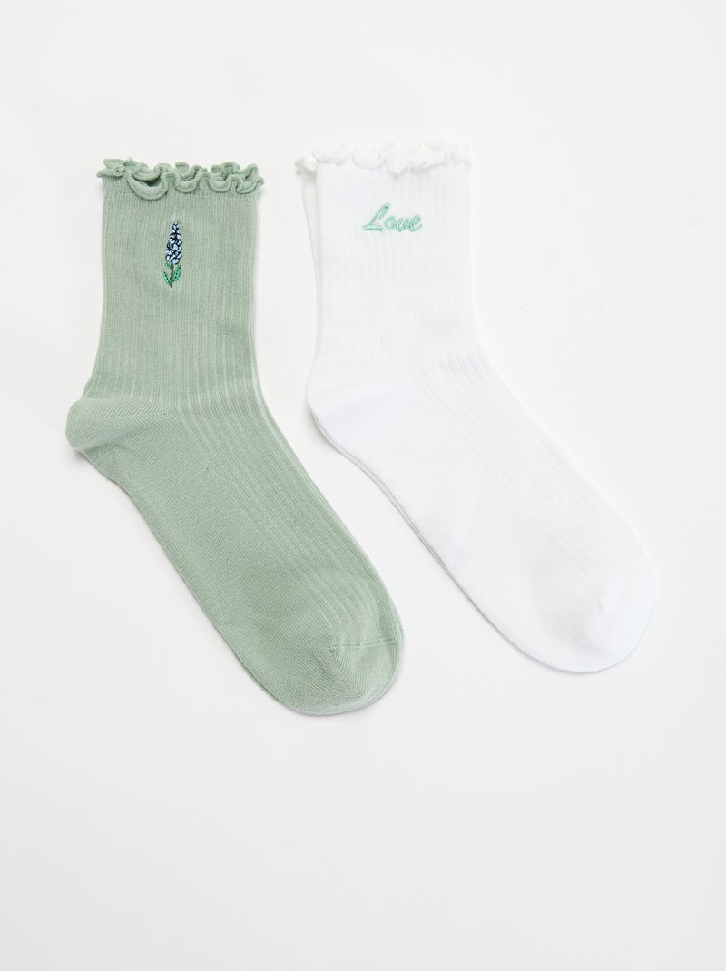 Pack de 2 calcetines bordados con bordes con volantes Blanco - Kiabi