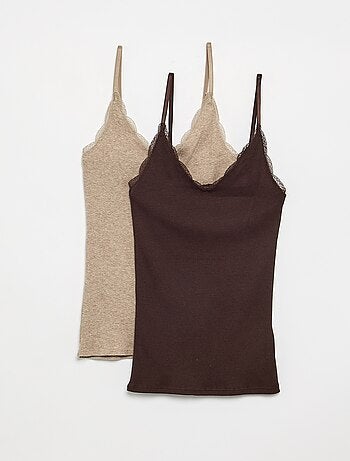 Pack de 2 camisetas de tirantes de canalé con encaje