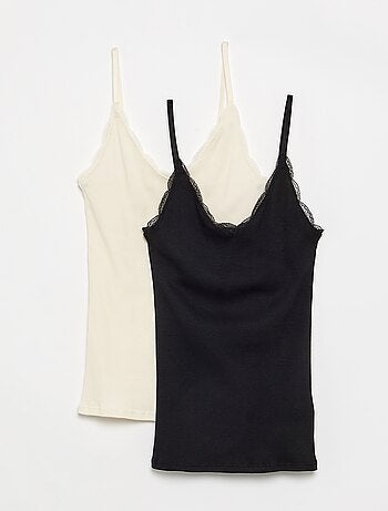 Pack de 2 camisetas de tirantes de canalé con encaje