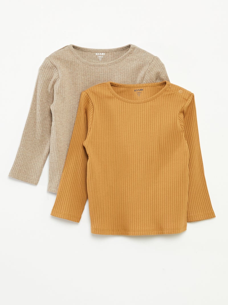 Pack de 2 camisetas lisas de canalé de manga larga Beige - Kiabi